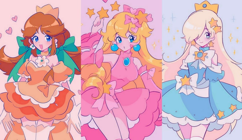 princess peach, rosalina, and princess daisy (mario and 1 more) drawn by meowwniz