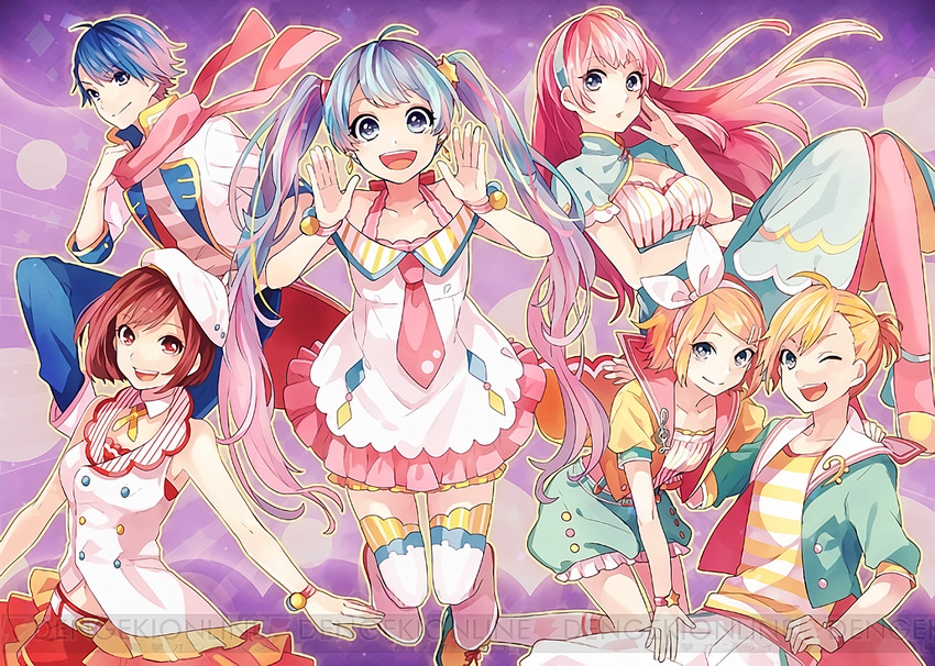 hatsune miku, kagamine rin, kagamine len, megurine luka, kaito, and 1 more (vocaloid and 2 more) drawn by tama_(songe)