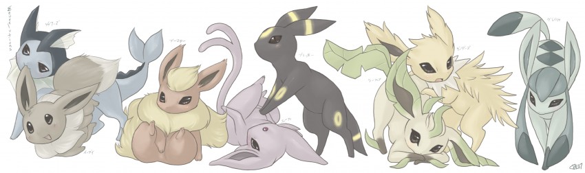 eevee, umbreon, glaceon, vaporeon, espeon, and 3 more (pokemon) drawn by glitchedpuppet