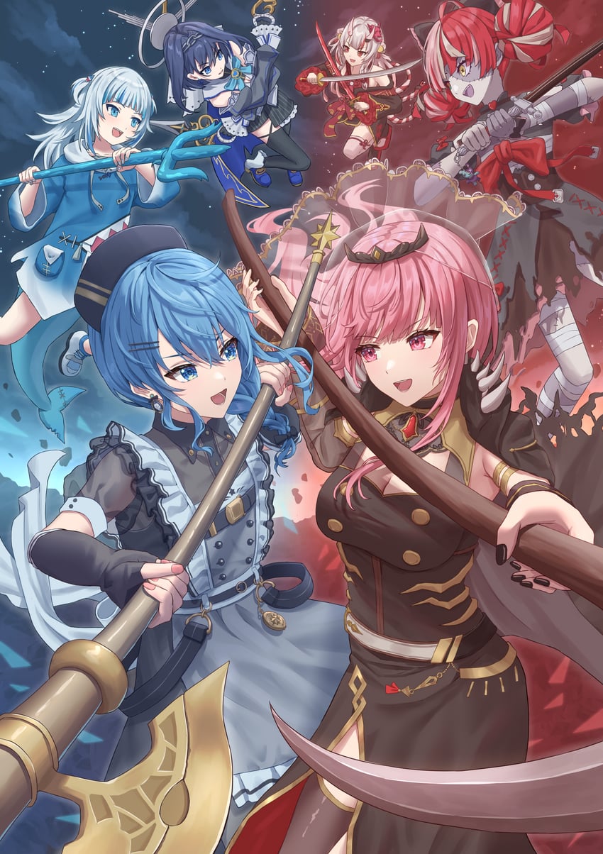 gawr gura, hoshimachi suisei, mori calliope, ouro kronii, nakiri ayame, and 1 more (hololive and 2 more) drawn by simoumi_217