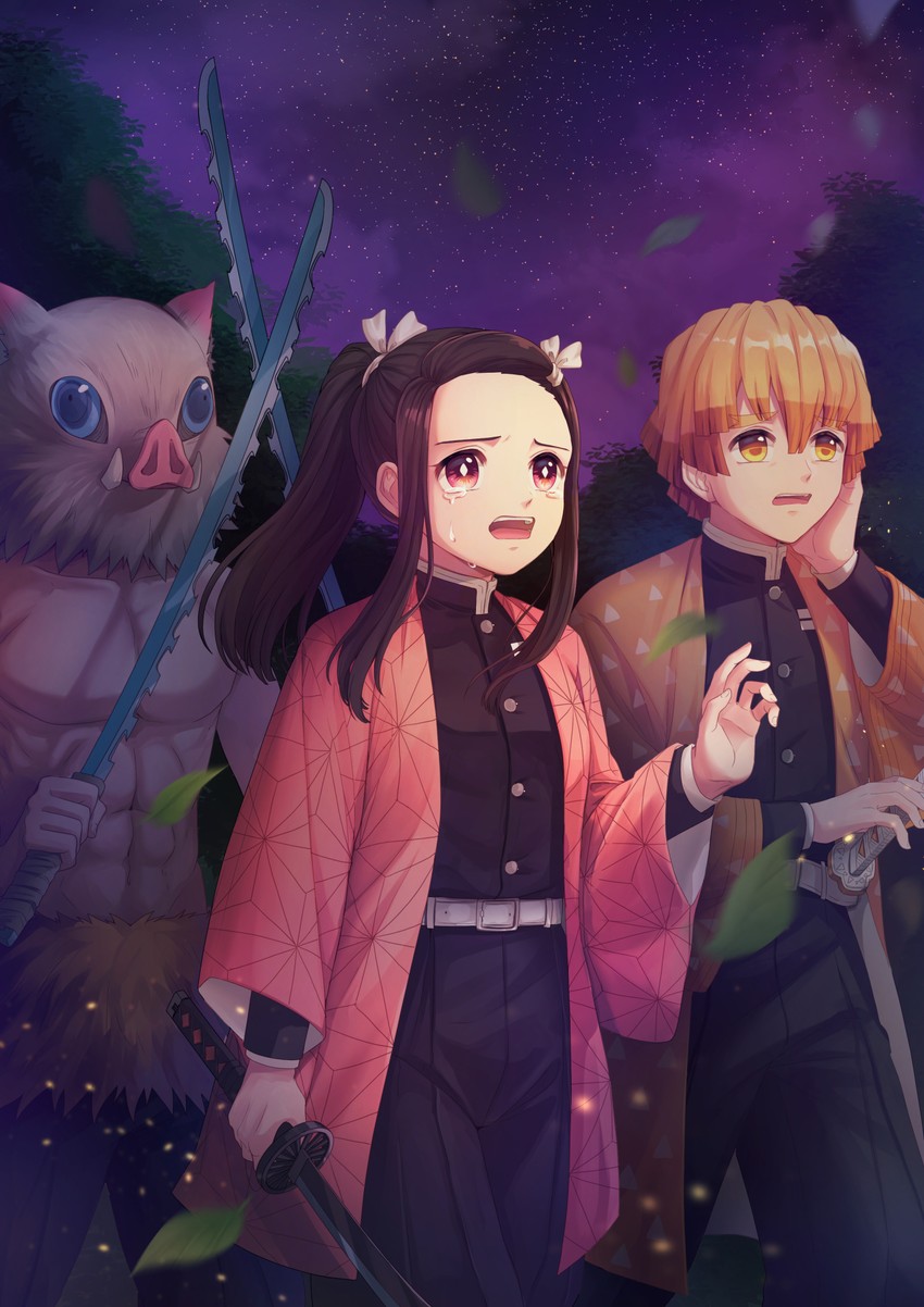 kamado nezuko, agatsuma zenitsu, and hashibira inosuke (kimetsu no yaiba) drawn by plus1024