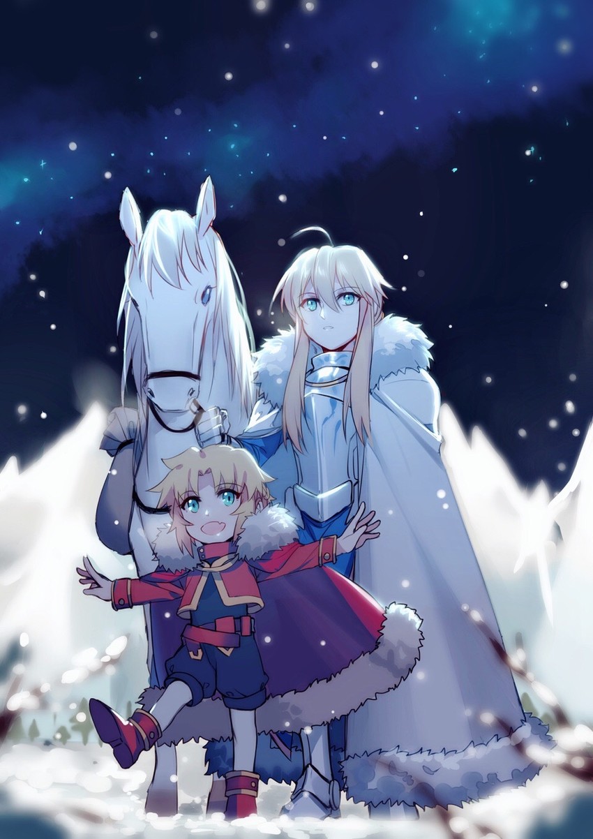 artoria pendragon, mordred, lion king, and dun stallion (fate and 1 more) drawn by yorukun
