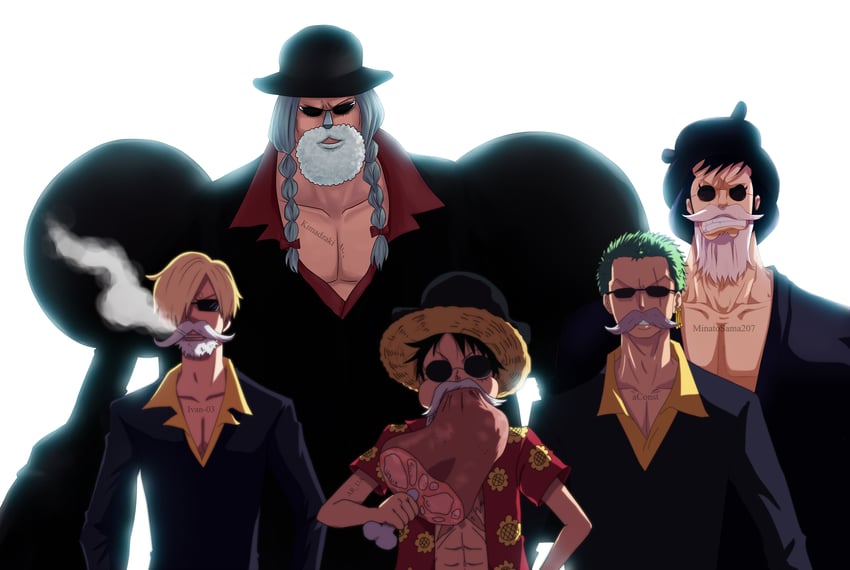 monkey d. luffy, roronoa zoro, sanji, franky, and kinemon (one piece) drawn by ar-ua