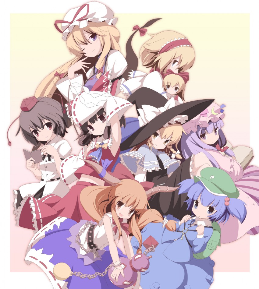 hakurei reimu, kirisame marisa, alice margatroid, patchouli knowledge, yakumo yukari, and 4 more (touhou) drawn by miko_machi