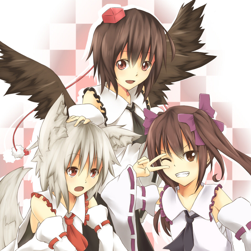 shameimaru aya, inubashiri momiji, and himekaidou hatate (touhou) drawn by natsuki_teru
