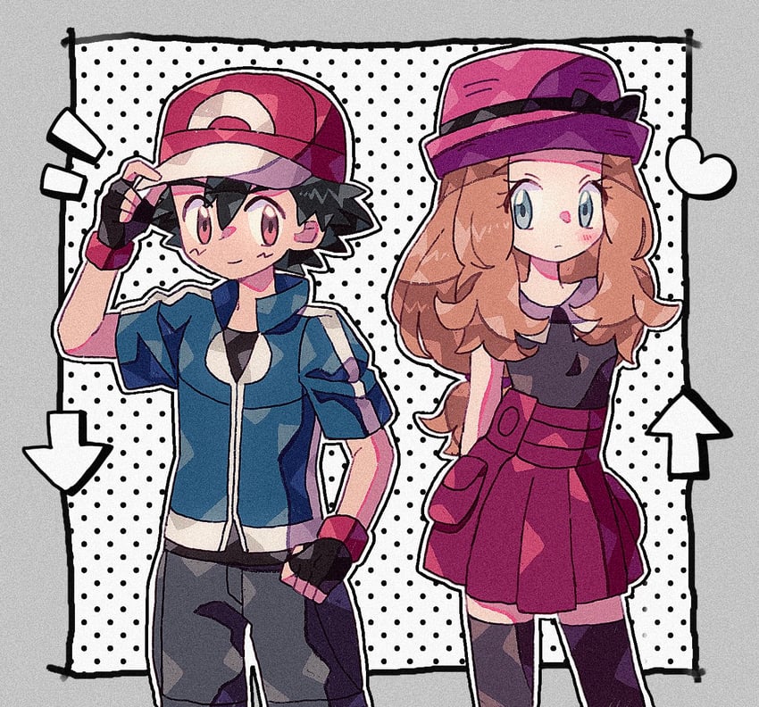 ash ketchum and serena (pokemon and 1 more) drawn by mgomurainu