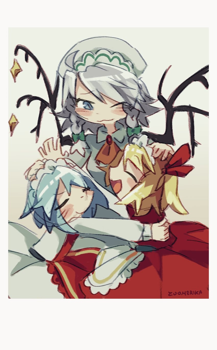 remilia scarlet, flandre scarlet, and izayoi sakuya (touhou) drawn by zuomerika