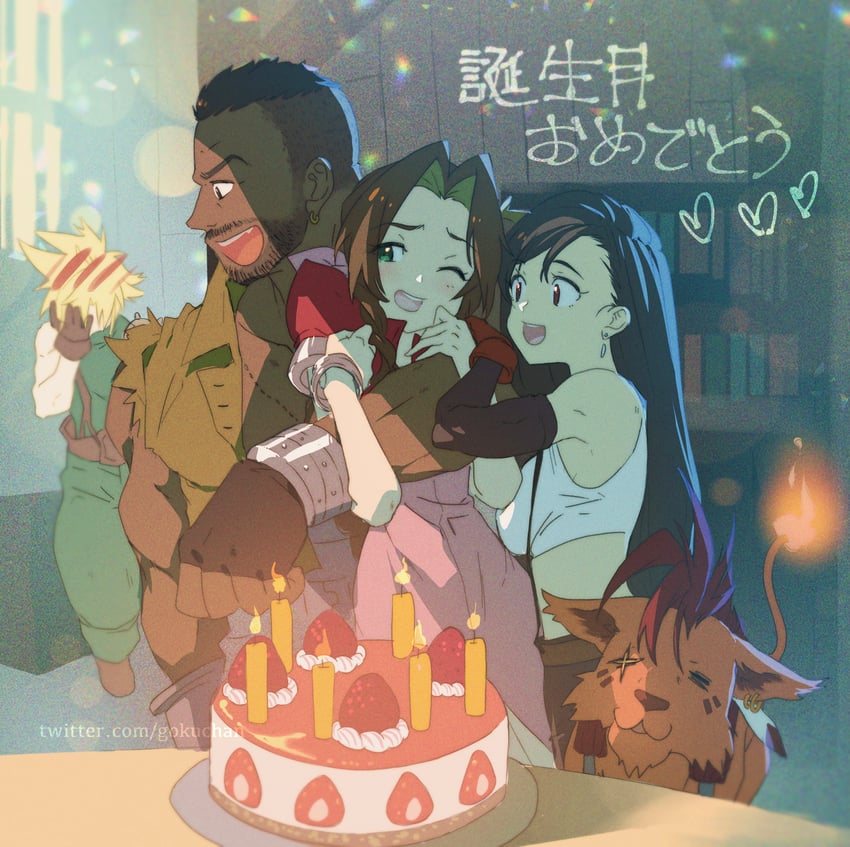 tifa lockhart, cloud strife, aerith gainsborough, barret wallace, and red xiii (final fantasy and 1 more) drawn by goku-chan