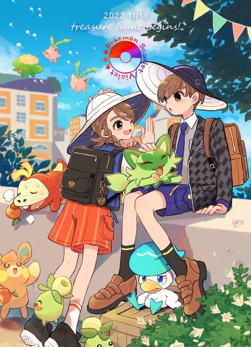 juliana, florian, sprigatito, fuecoco, quaxly, and 4 more (pokemon and 1 more) drawn by chikafuji