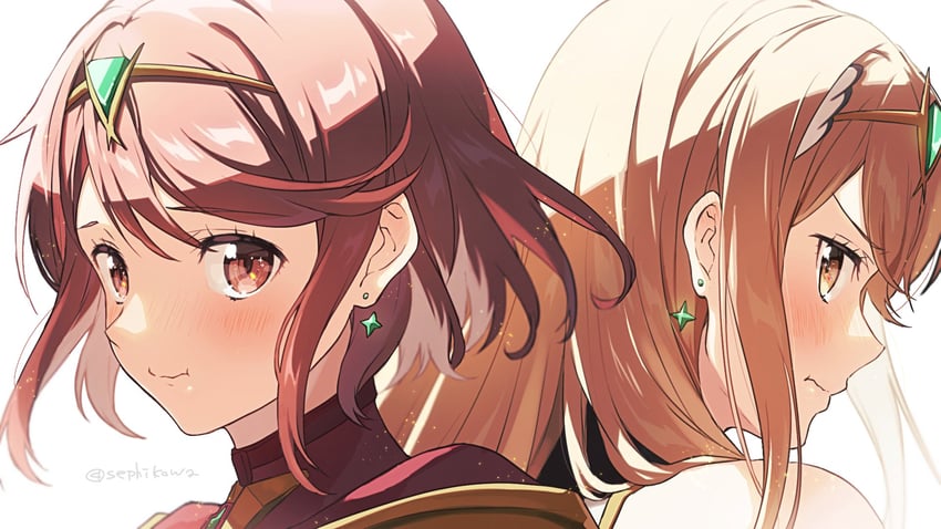pyra and mythra (xenoblade chronicles and 1 more) drawn by sephikowa