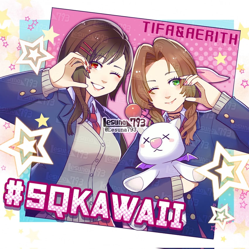 tifa lockhart, aerith gainsborough, and moogle (final fantasy and 1 more) drawn by lesuna