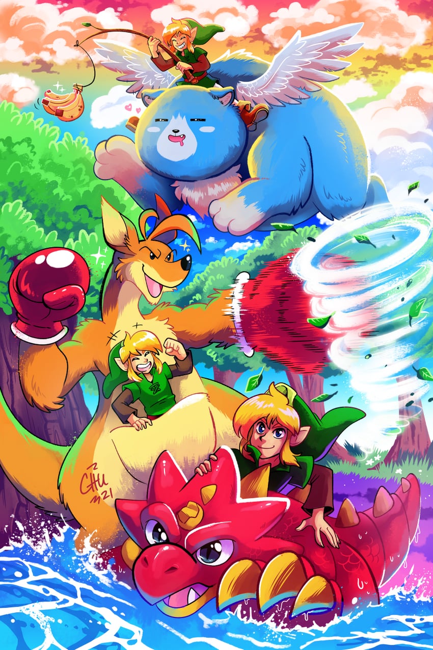 link, ricky, moosh, and dimitri (the legend of zelda and 2 more) drawn by chu_(raizap)