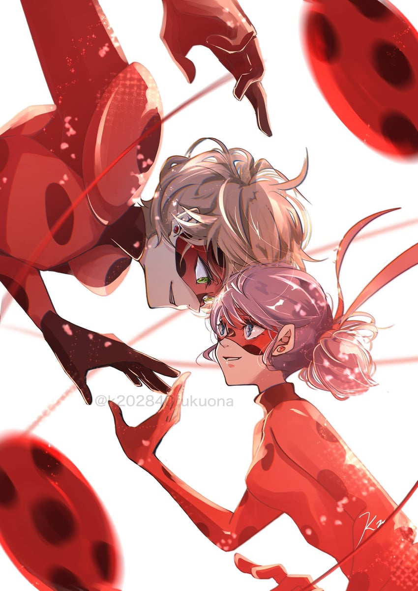 marinette dupain-cheng, adrien agreste, ladybug, and misterbug (miraculous ladybug) drawn by k202840fukuona