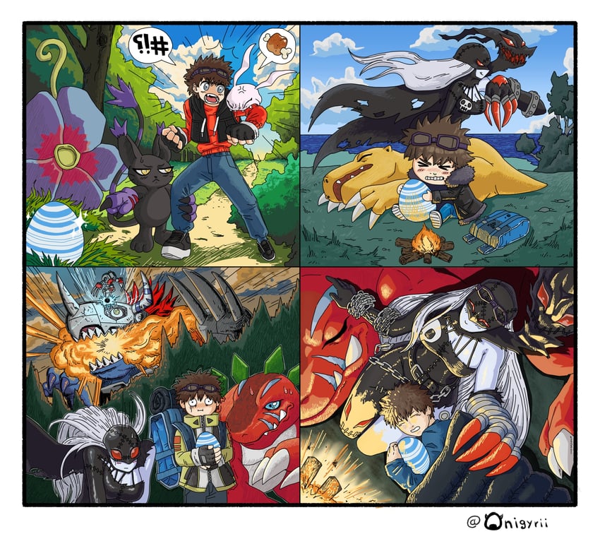 agumon, ladydevimon, koromon, metalgreymon, blacktailmon, and 2 more (digimon) drawn by onigyrii