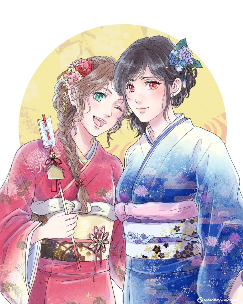 tifa lockhart and aerith gainsborough (final fantasy and 2 more) drawn by warori_anne