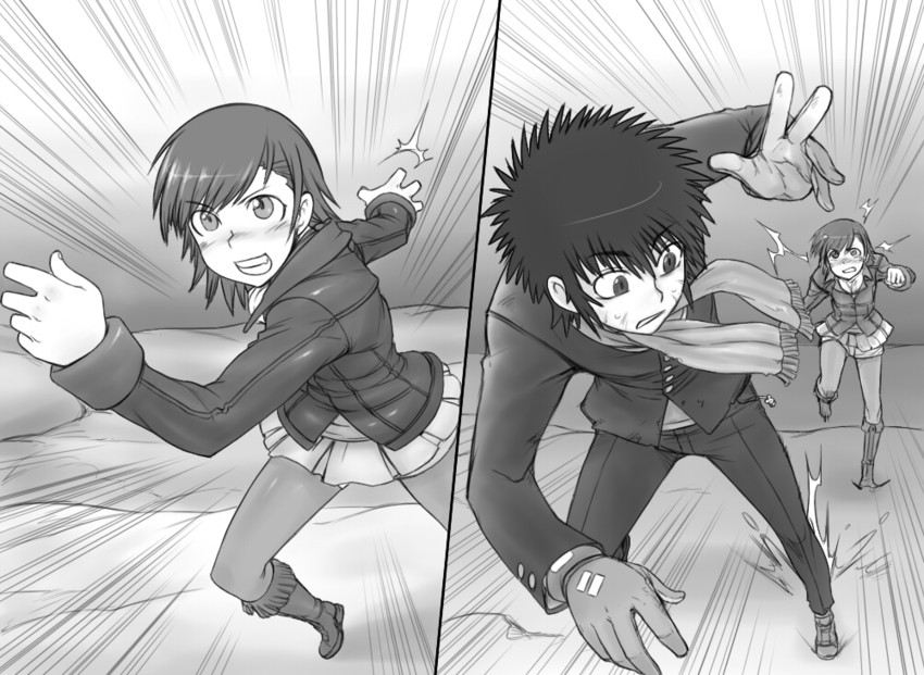 misaka mikoto and kamijou touma (toaru majutsu no index and 1 more) drawn by kuontendou