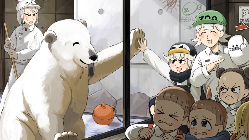 penguin keeper, seal keeper, polar bear keeper, survey girl, penguin fan, and 2 more (zookeepers) drawn by diva_(hyxpk)