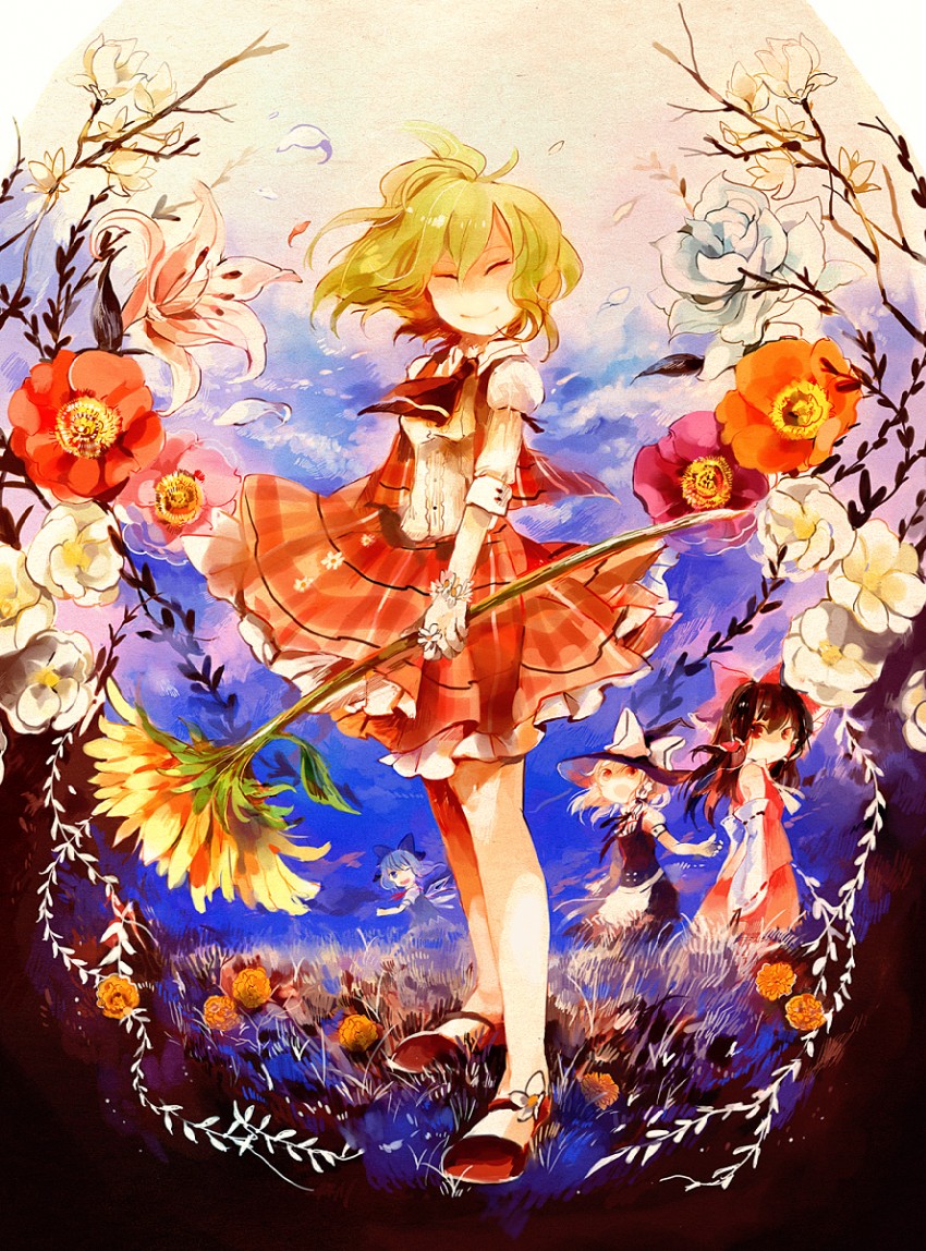 hakurei reimu, kirisame marisa, cirno, and kazami yuuka (touhou) drawn by azuma_aya