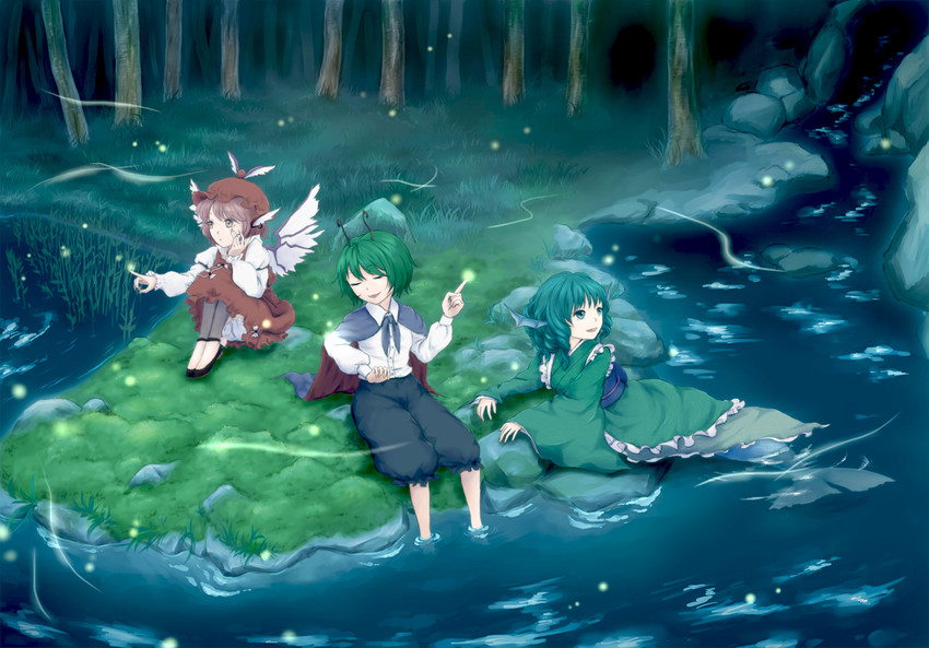 mystia lorelei, wriggle nightbug, and wakasagihime (touhou) drawn by yukanomokume