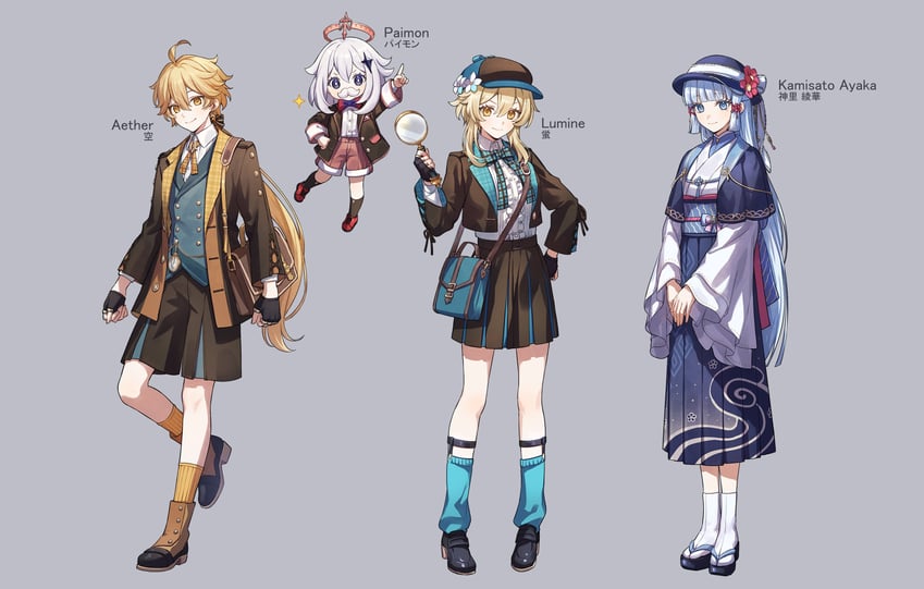 lumine, aether, paimon, and kamisato ayaka (genshin impact) drawn by aoiro_oto