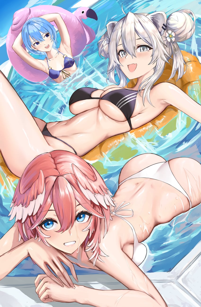 hoshimachi suisei, shishiro botan, and takane lui (hololive) drawn by sanzenshi