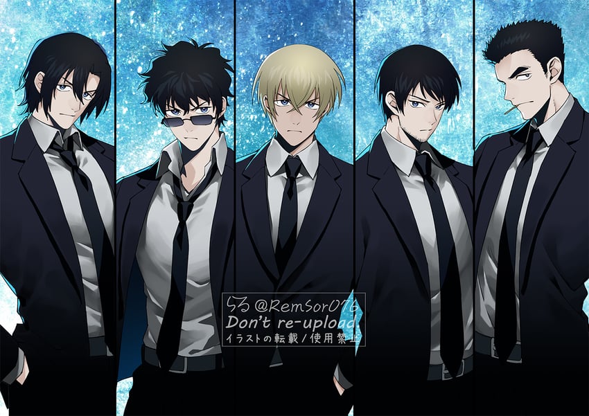 amuro tooru, scotch, matsuda jinpei, hagiwara kenji, and date wataru (meitantei conan) drawn by remsor076