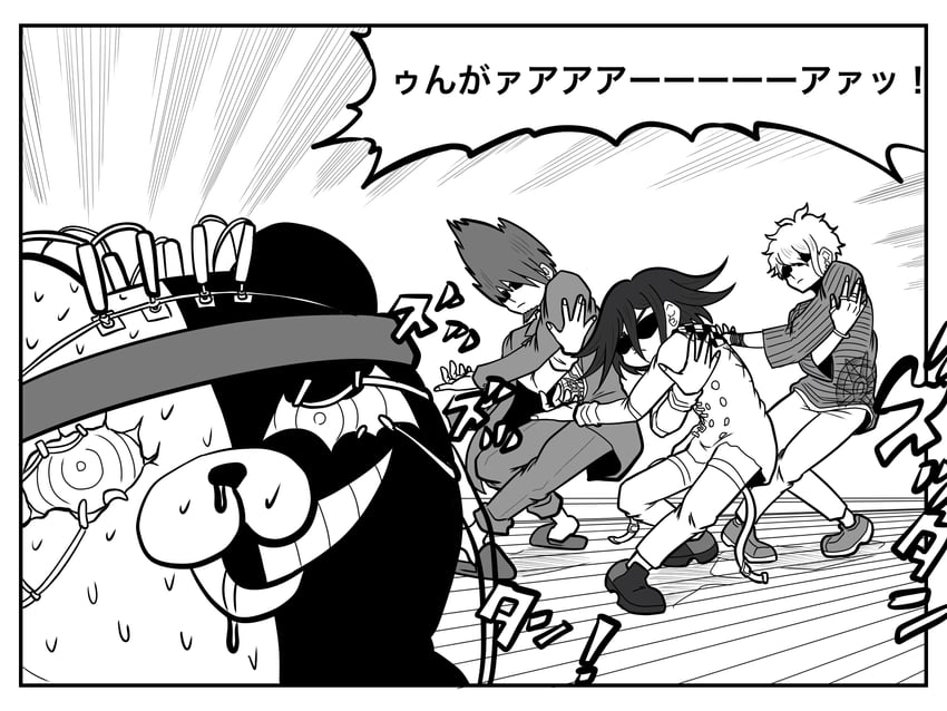 oma kokichi, monokuma, momota kaito, and amami rantaro (danganronpa and 4 more) drawn by jan1214