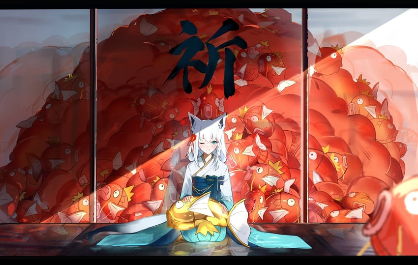 shirakami fubuki and magikarp (pokemon and 1 more) drawn by sonbun