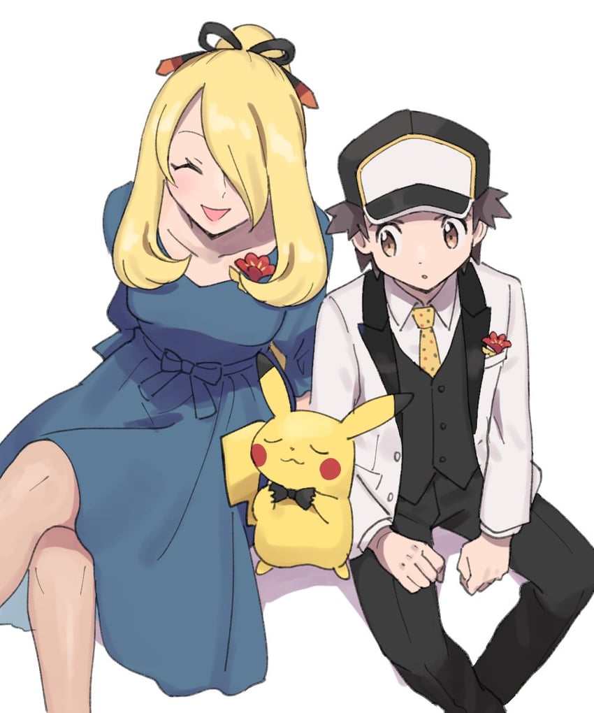 pikachu, cynthia, and red (pokemon and 1 more) drawn by pumpkinpan