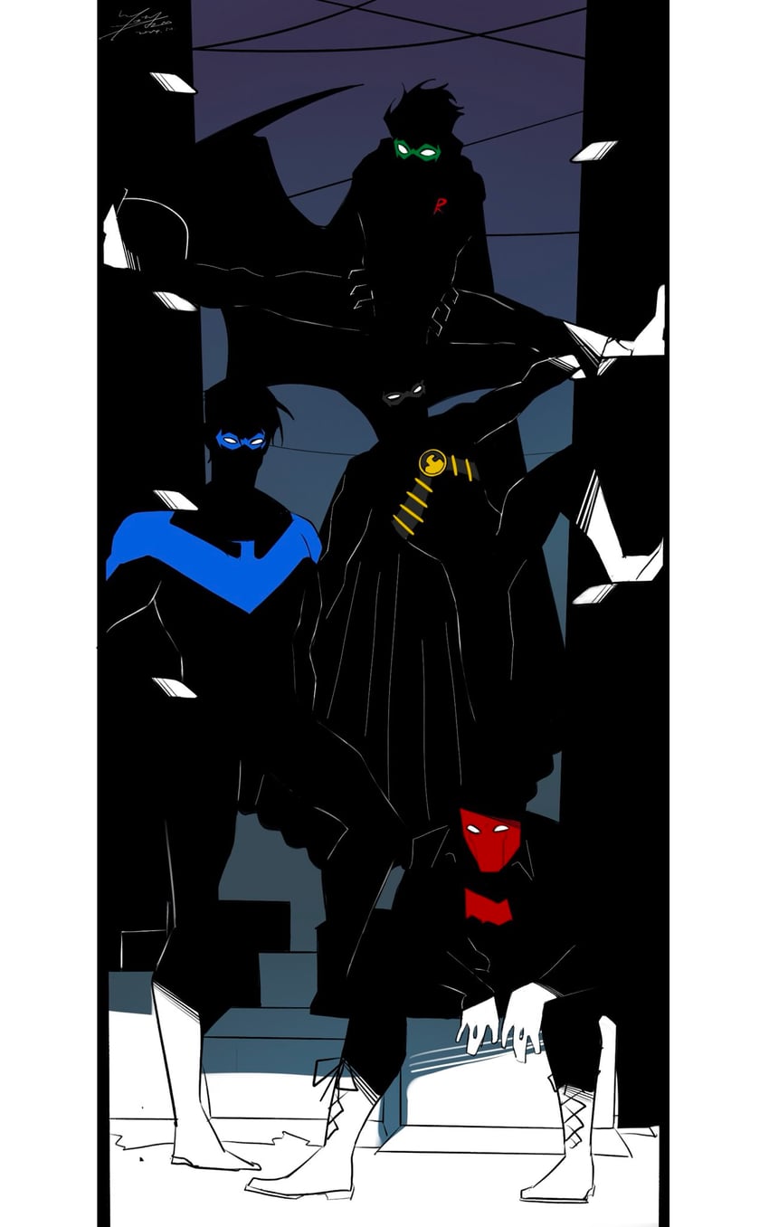 robin, dick grayson, jason todd, nightwing, red hood, and 3 more (dc comics and 1 more) drawn by smallstarrrr