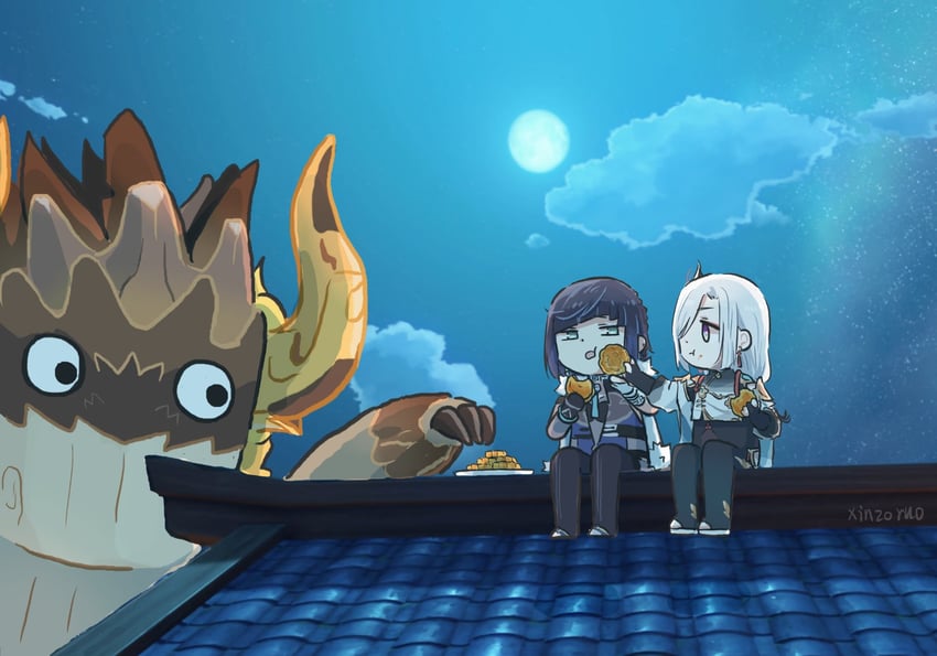 shenhe, yelan, and azhdaha (genshin impact) drawn by xinzoruo