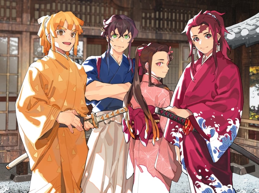 kamado nezuko, kamado tanjirou, agatsuma zenitsu, and hashibira inosuke (kimetsu no yaiba) drawn by d-wuti