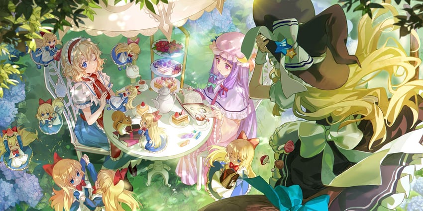 kirisame marisa, alice margatroid, patchouli knowledge, and shanghai doll (touhou and 1 more) drawn by hitokoto
