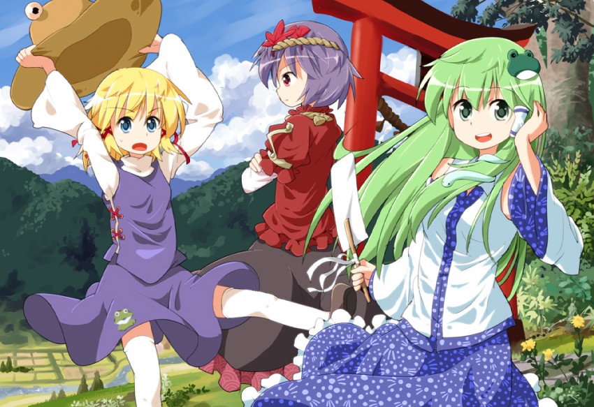 kochiya sanae, moriya suwako, and yasaka kanako (touhou) drawn by ruu_(tksymkw)