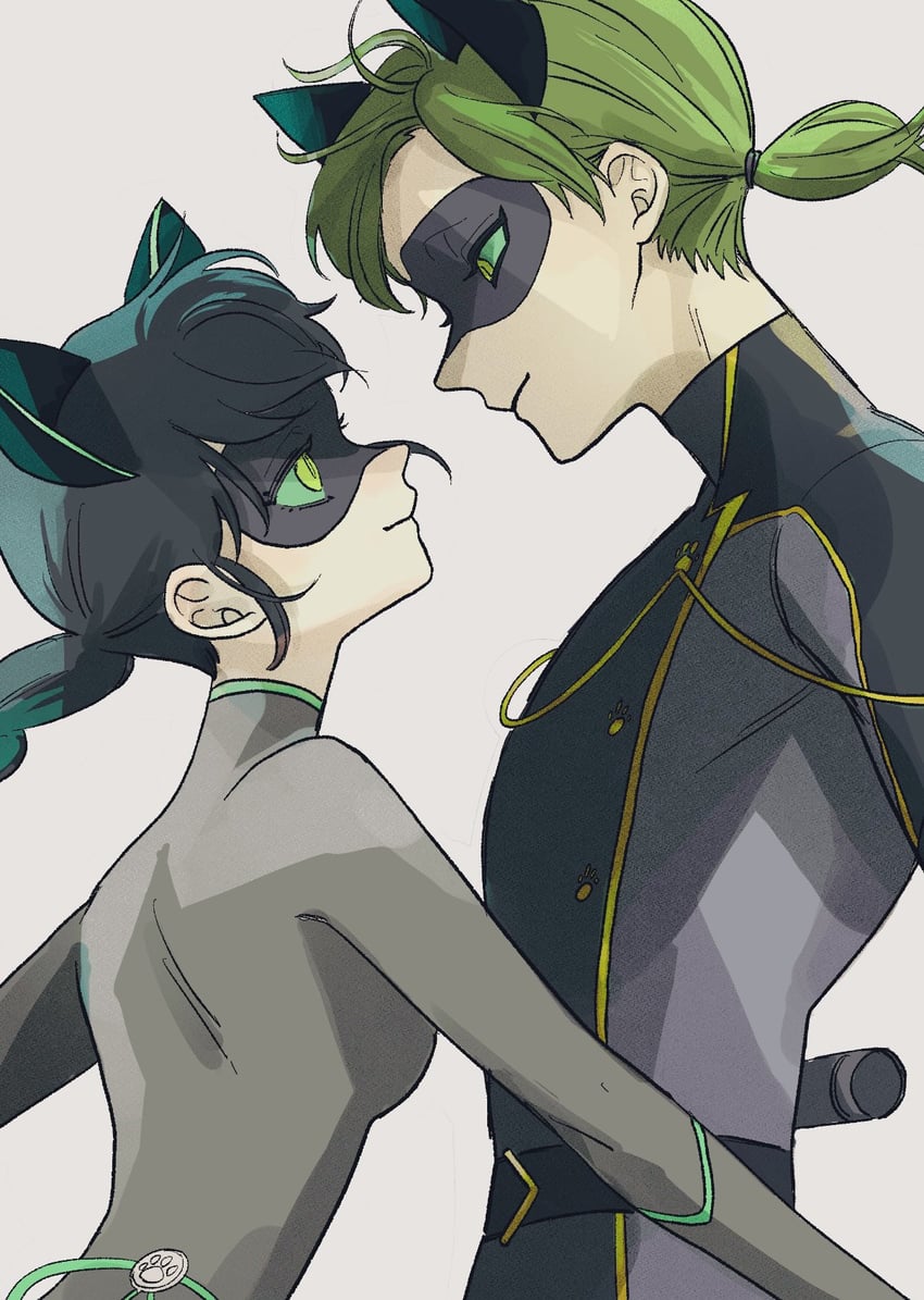 marinette dupain-cheng, adrien agreste, lady noir, and chat walker (miraculous ladybug) drawn by hoshi_mi