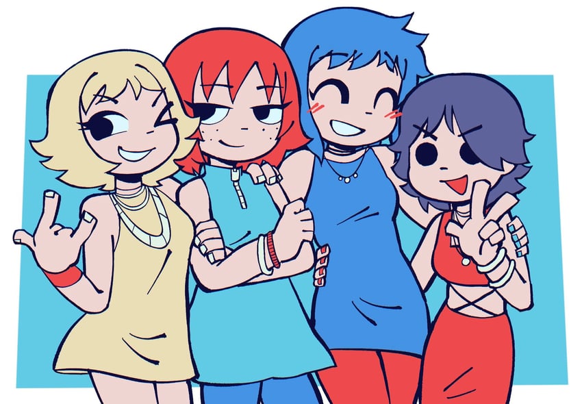 ramona flowers, kim pine, knives chau, and lisa miller (scott pilgrim) drawn by blue_pepe