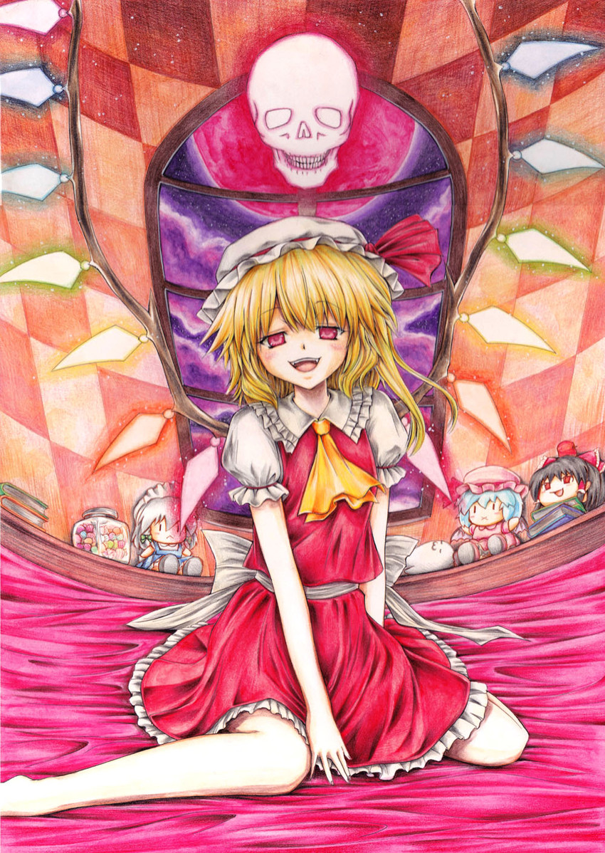 hakurei reimu, remilia scarlet, flandre scarlet, and izayoi sakuya (touhou) drawn by iroha_(nullpo)