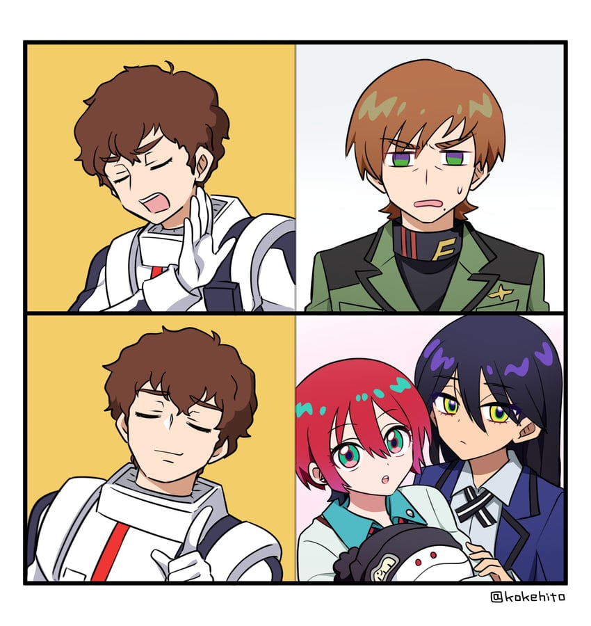 amate yuzuriha, haro, nyaan, amuro ray, and xavier olivette (gundam and 2 more) drawn by hikage_sumihito