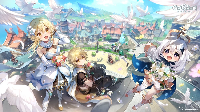 lumine, aether, venti, paimon, klee, and 5 more (genshin impact) drawn by qi2341
