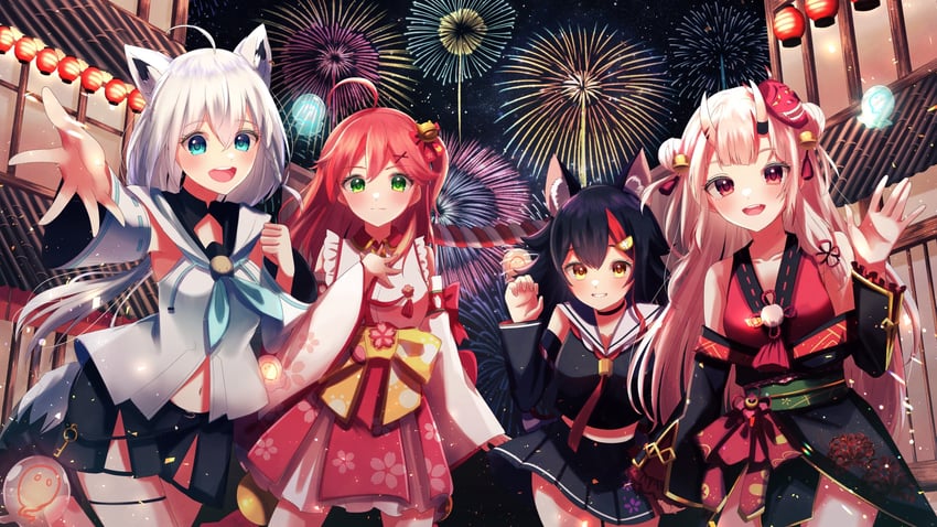 shirakami fubuki, sakura miko, ookami mio, and nakiri ayame (hololive) drawn by junineu