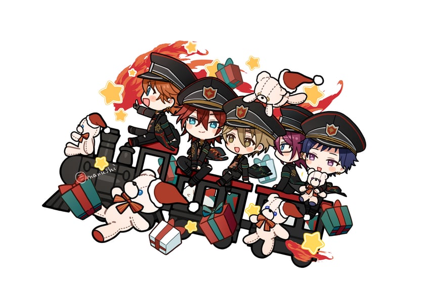 amagi rinne, saegusa ibara, akehoshi subaru, mashiro tomoya, and fushimi yuzuru (ensemble stars!) drawn by shisokonbu