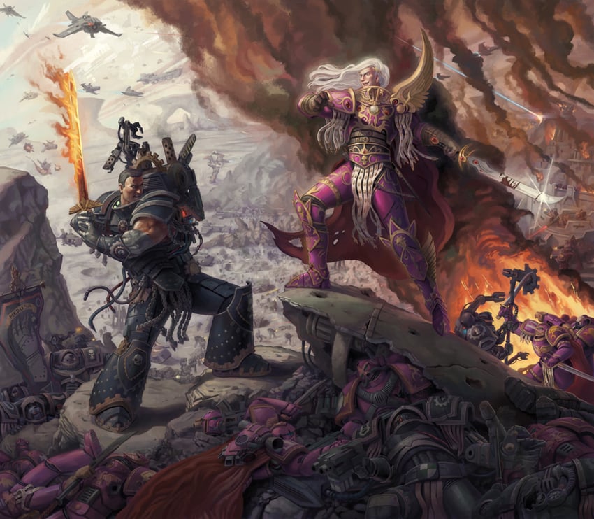 adeptus astartes, chaos space marine, fulgrim, and ferrus manus (warhammer 40k) drawn by jeff_porter