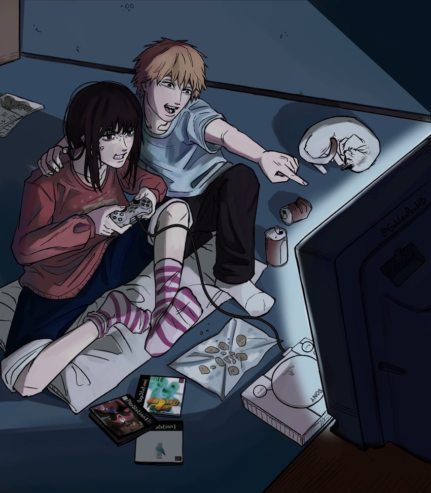 denji, mitaka asa, and meowy (final fantasy and 4 more) drawn by goldenpenhd