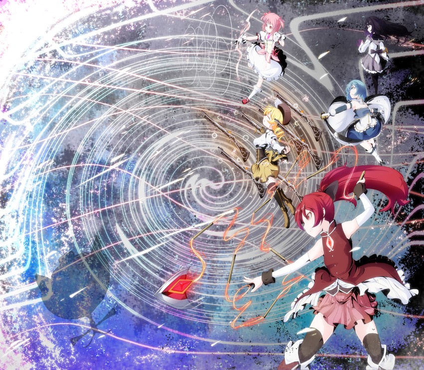 akemi homura, kaname madoka, miki sayaka, sakura kyoko, tomoe mami, and 1 more (mahou shoujo madoka magica) drawn by meracle
