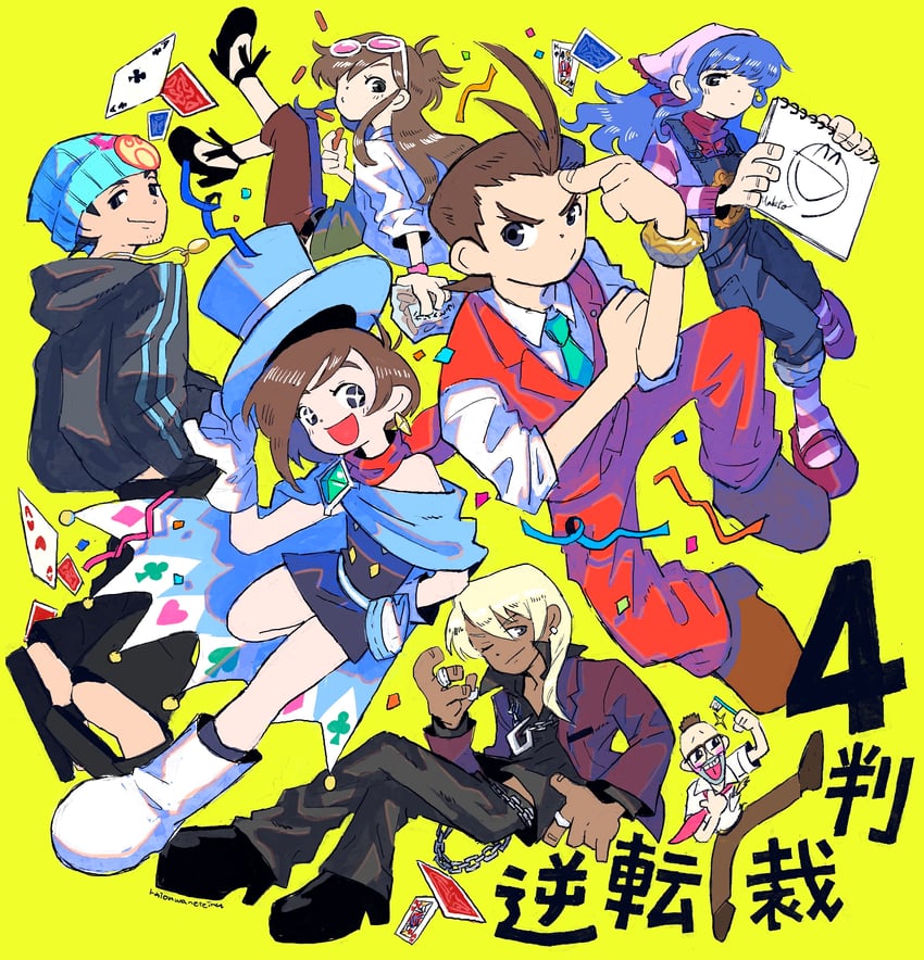phoenix wright, apollo justice, trucy wright, klavier gavin, ema skye, and 2 more (ace attorney and 1 more) drawn by lion_wa_neteiru
