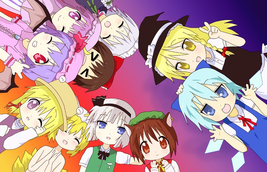 hakurei reimu, kirisame marisa, remilia scarlet, izayoi sakuya, konpaku youmu, and 5 more (touhou and 1 more) drawn by kimineri