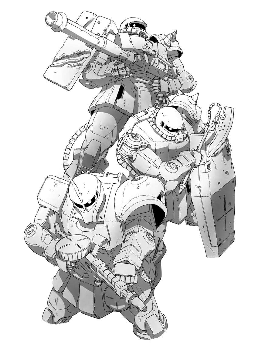 rx-78-2 gundam, zaku ii, and zaku i (gundam and 2 more) drawn by mecha_kaku_man