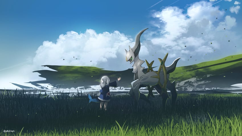 gawr gura and arceus (pokemon and 3 more) drawn by advarcher