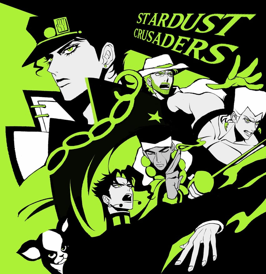 joseph joestar, kakyoin noriaki, jonathan joestar, jean pierre polnareff, mohammed avdol, and 1 more (jojo no kimyou na bouken and 1 more) drawn by clamchowder55