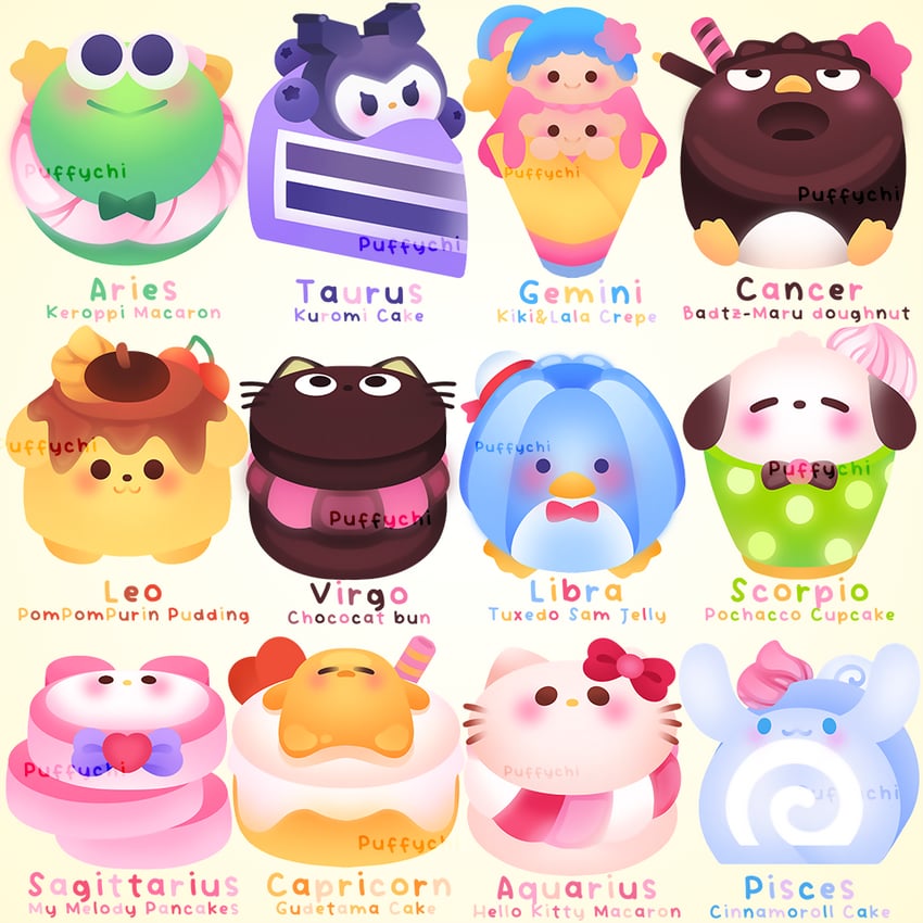 cinnamoroll, hello kitty, my melody, kuromi, pompompurin, and 8 more (sanrio and 5 more) drawn by puffychii